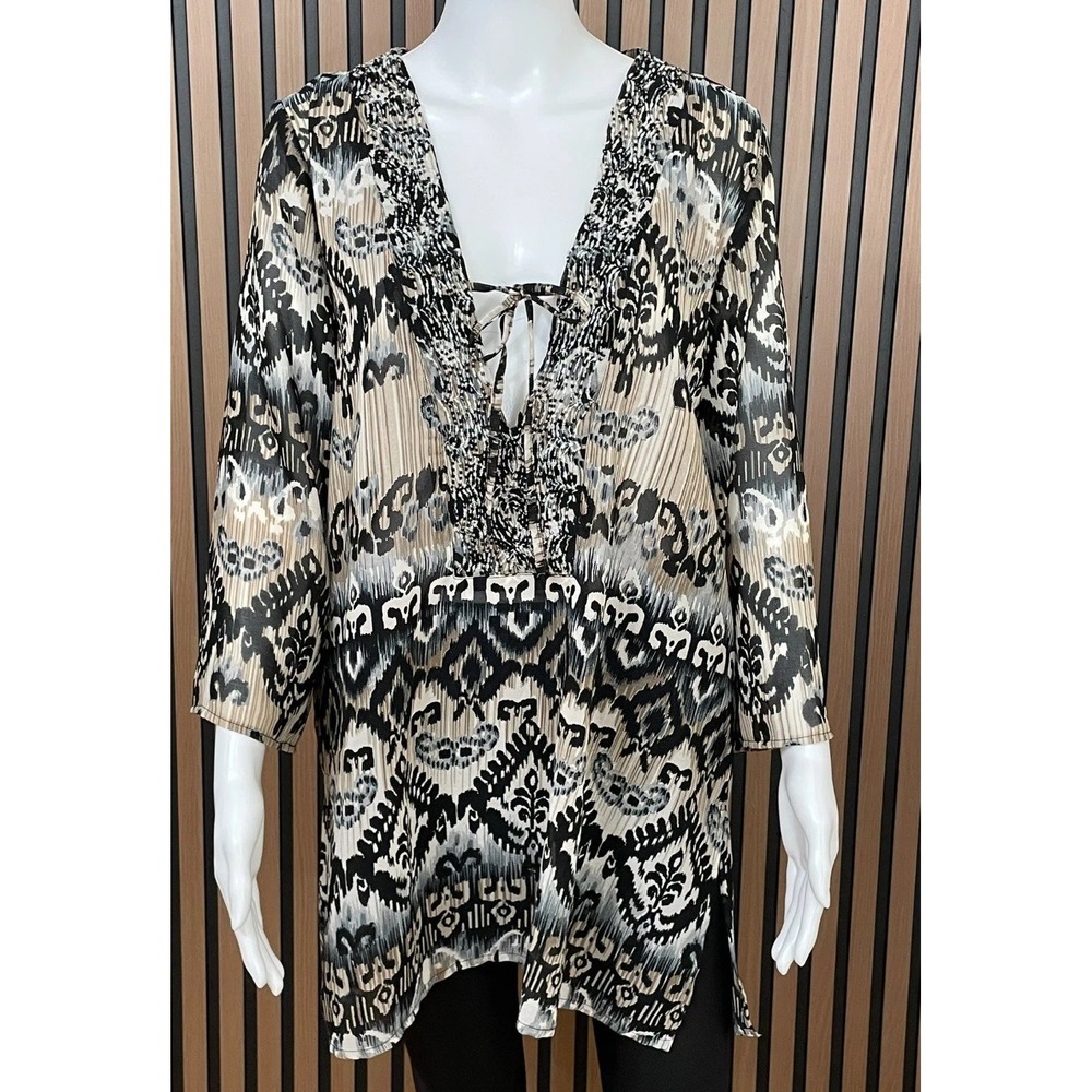 Raviya Women's L Beige Blouse Top Tunic Boho Embellished Beaded Cover Up
